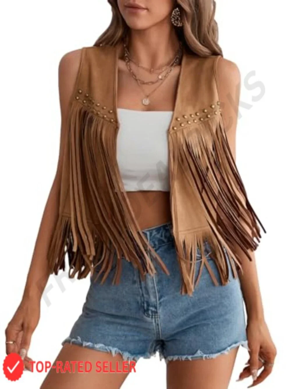 Faux Suede Fringe Vest for Women 70s Cowgirl Concert Outfit Tassel Sleeveless
